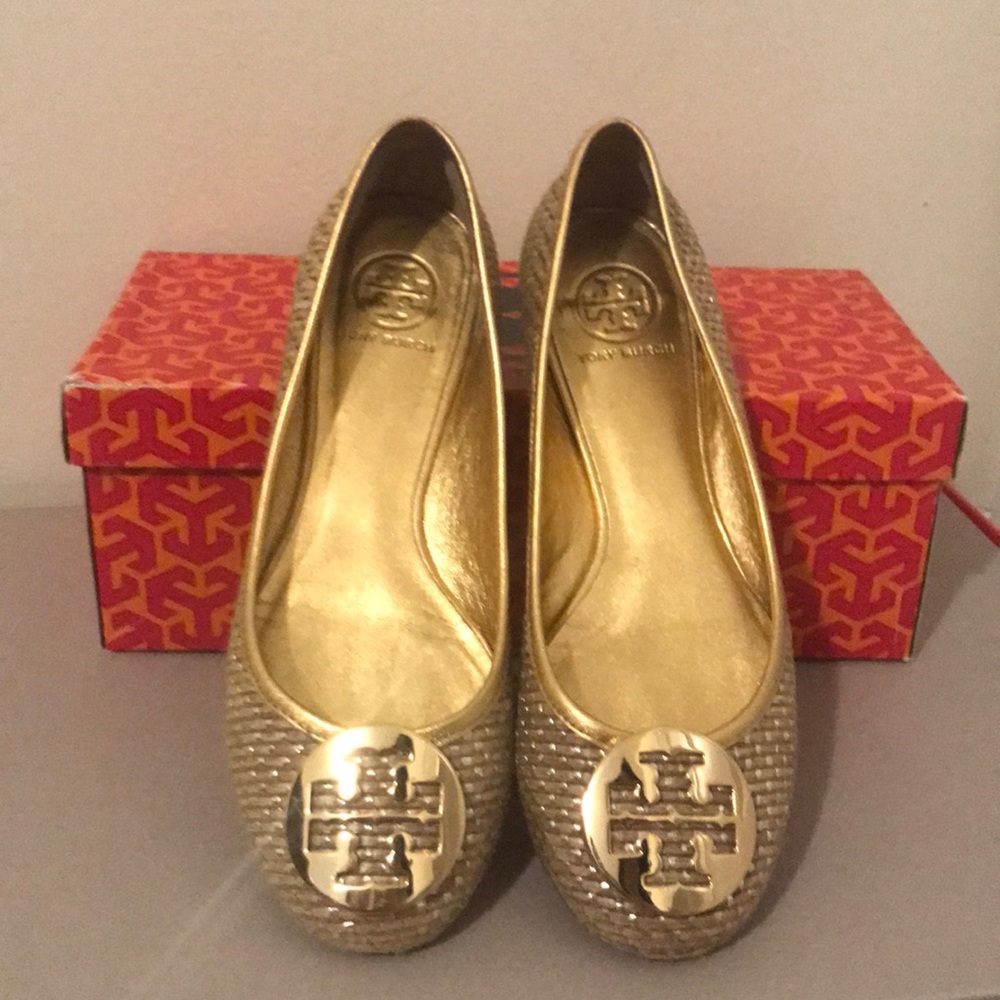 Tory Burch Reva Gold lurex straw flats